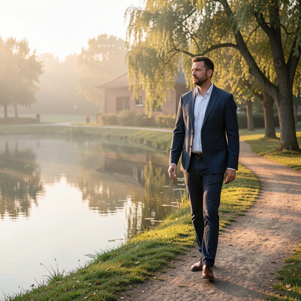 Man taking a slow mindful walk beside a quiet pond in early morning light