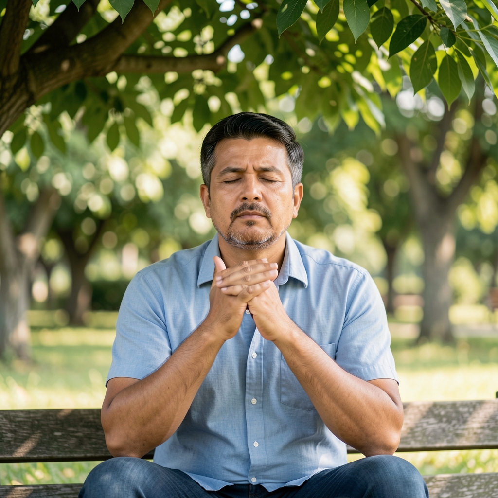 Adult man seated outdoors beneath leafy shade practicing a calm breathing pause