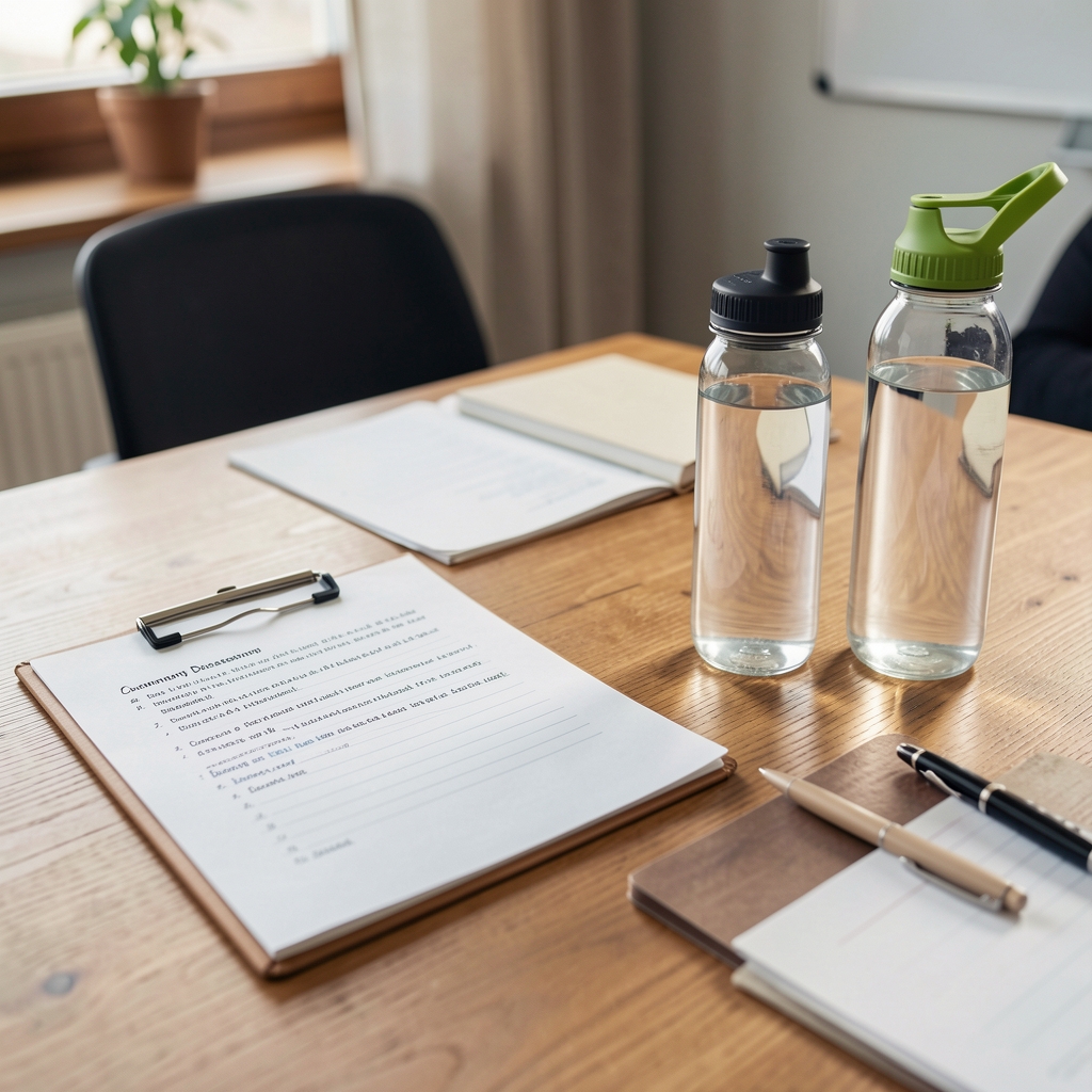 Community discussion notes on a table beside reusable water bottles