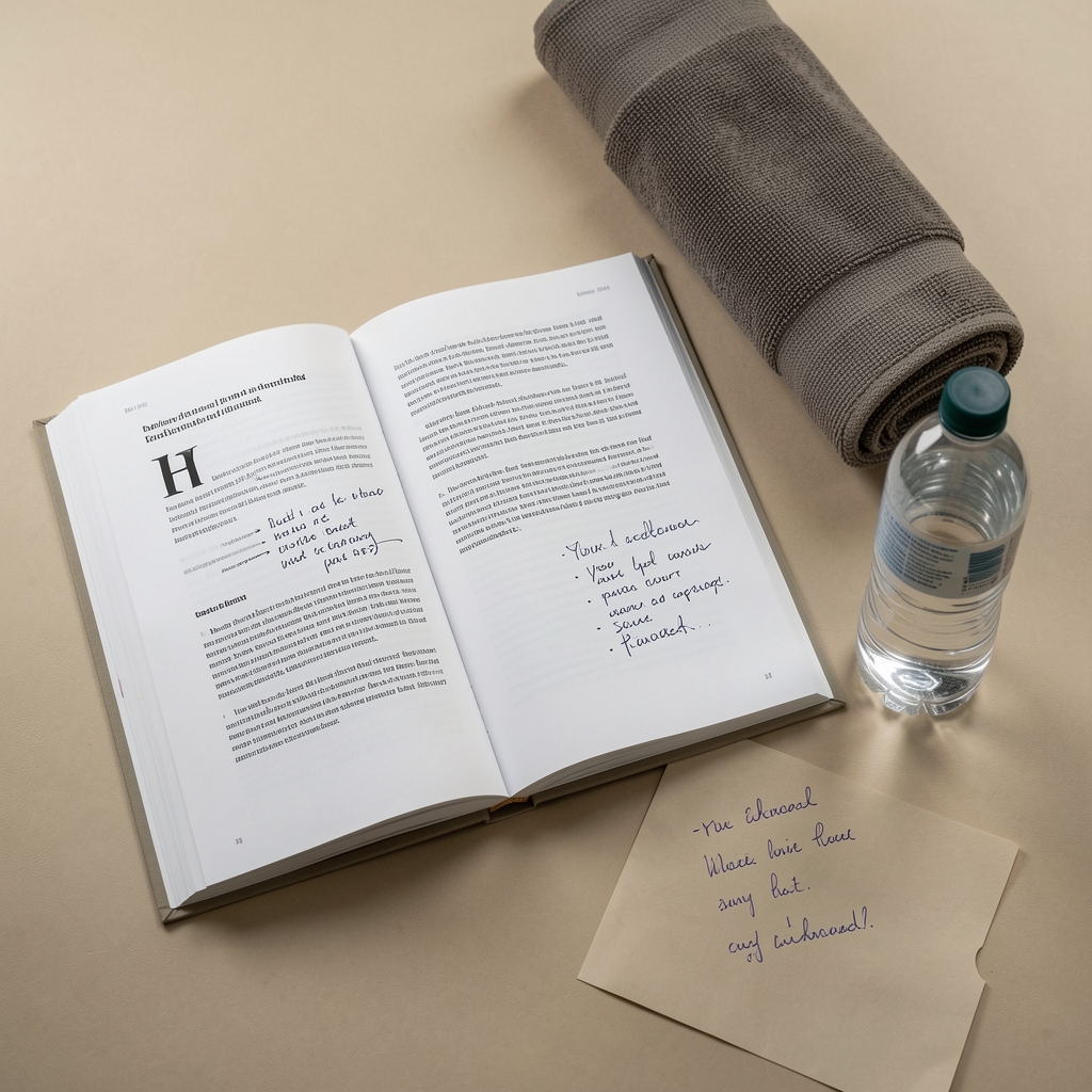 Open editorial guide with handwritten notes beside a folded exercise towel and water bottle