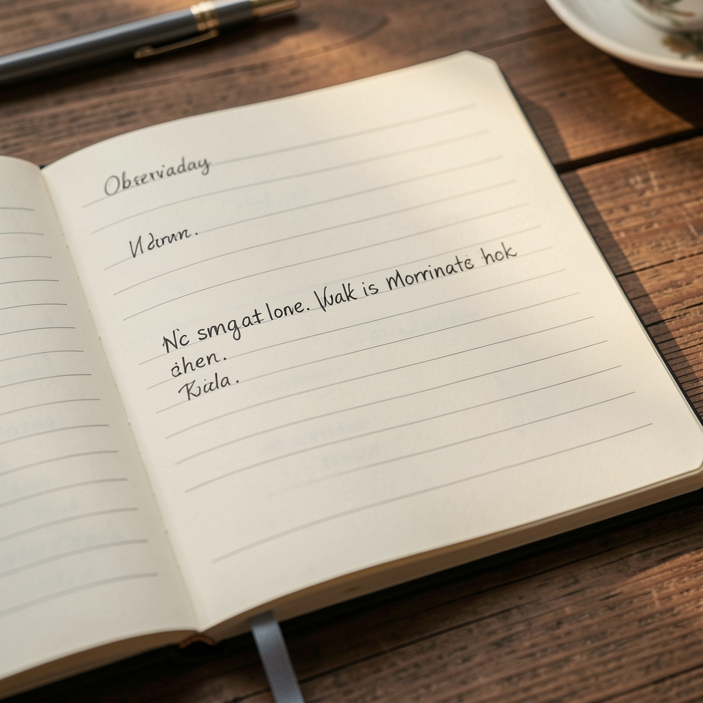Close-up of an editorial notebook containing observations from a morning walk