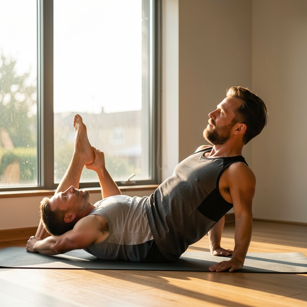 Adult man practicing a supported hip mobility movement near a sunlit window