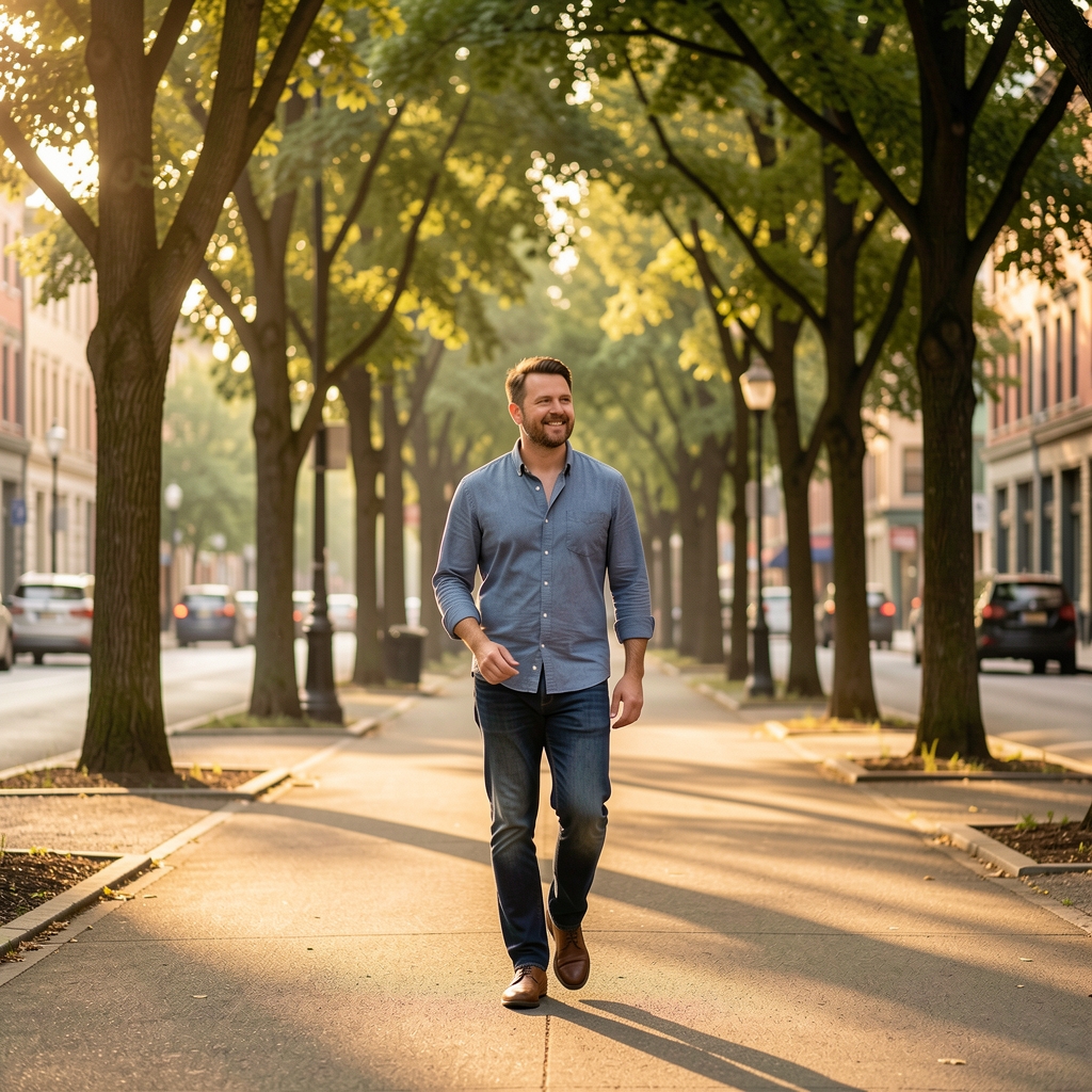 Man walking along a tree-lined urban path with relaxed posture in warm morning light