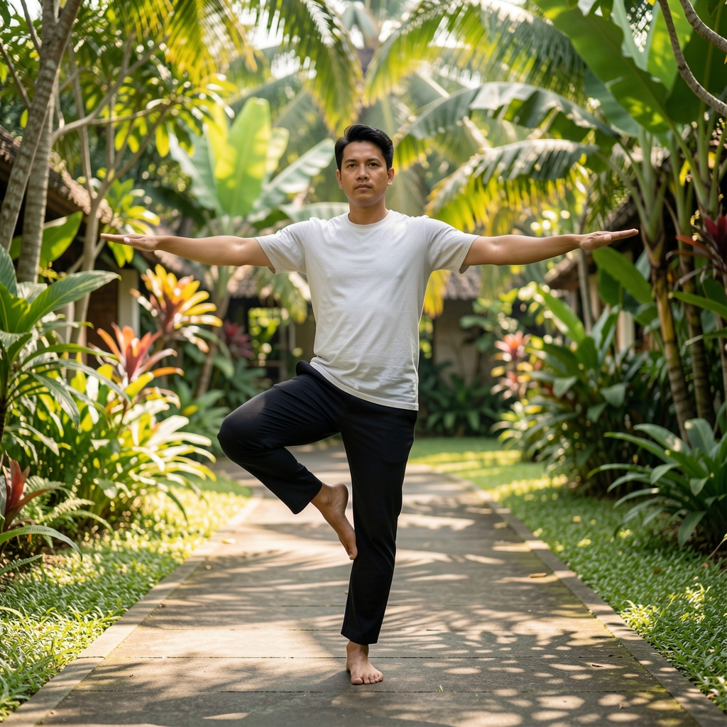 Adult man practicing a controlled standing balance movement on a shaded garden path in Indonesia