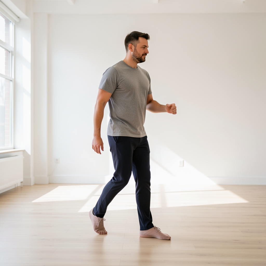 Adult man moving slowly through a standing mobility sequence in a bright open studio