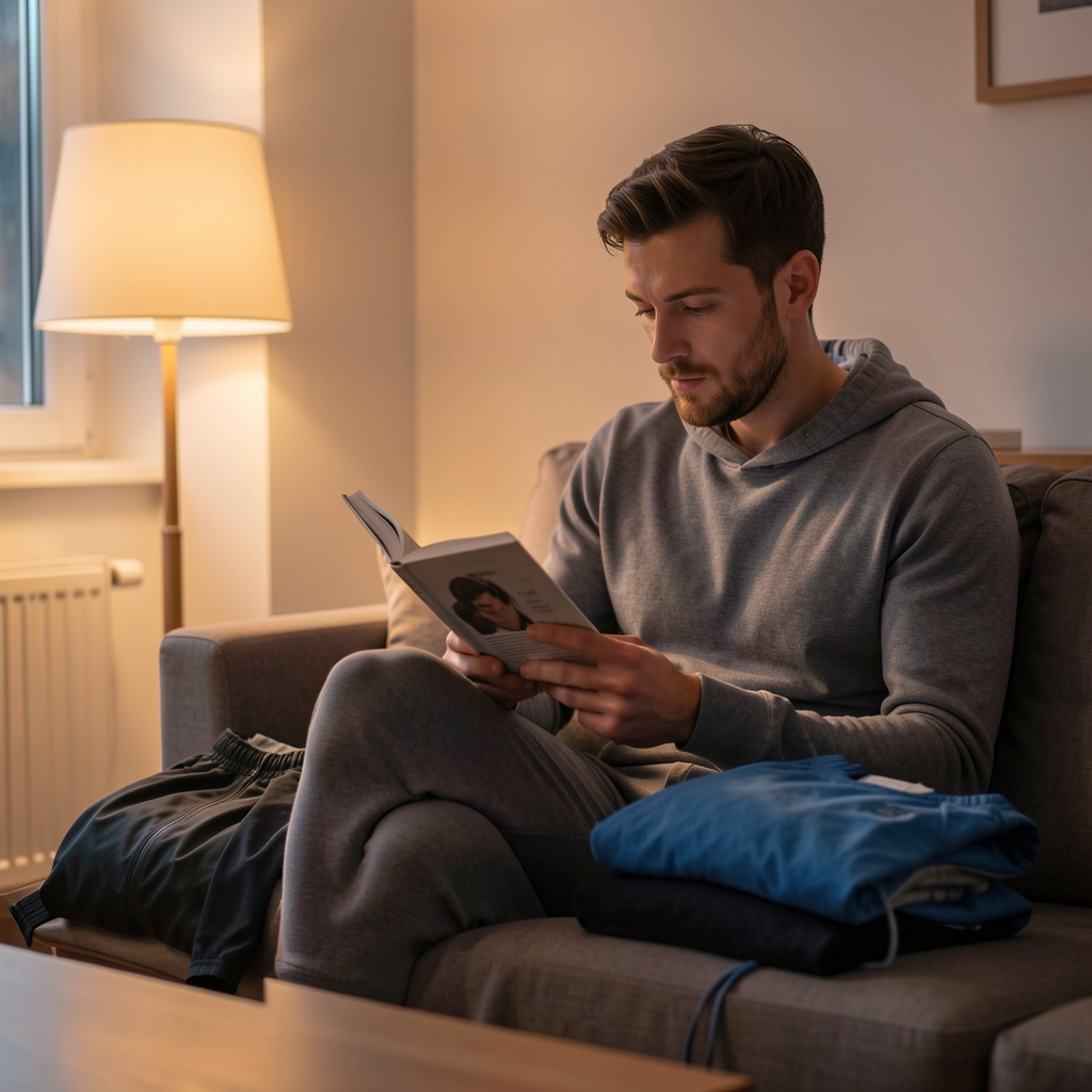 Quiet evening recovery scene with a man reading near warm lamplight and folded walking clothes