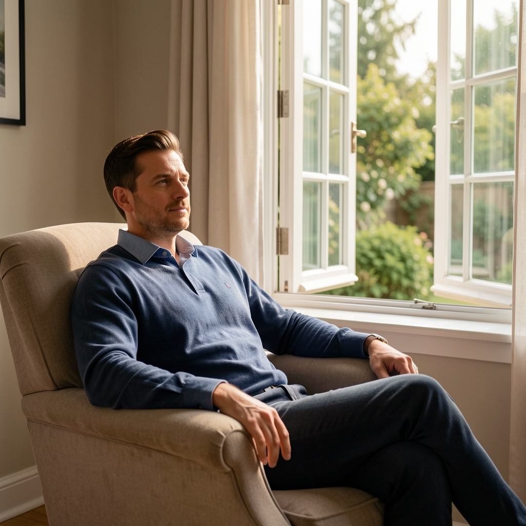 Man resting in a comfortable chair beside an open window after a relaxed afternoon walk