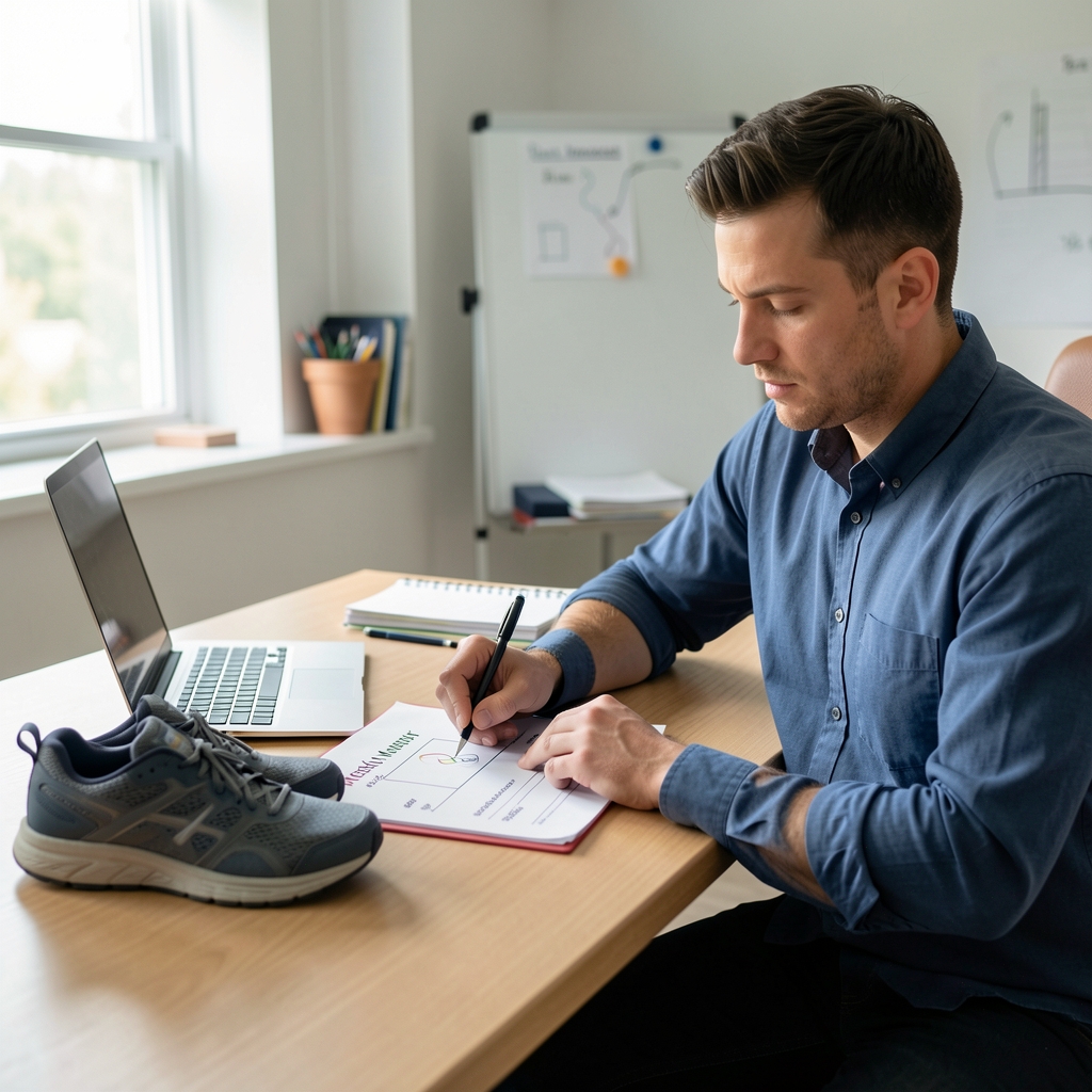 Man arranging a simple weekly movement plan on a desk beside walking shoes