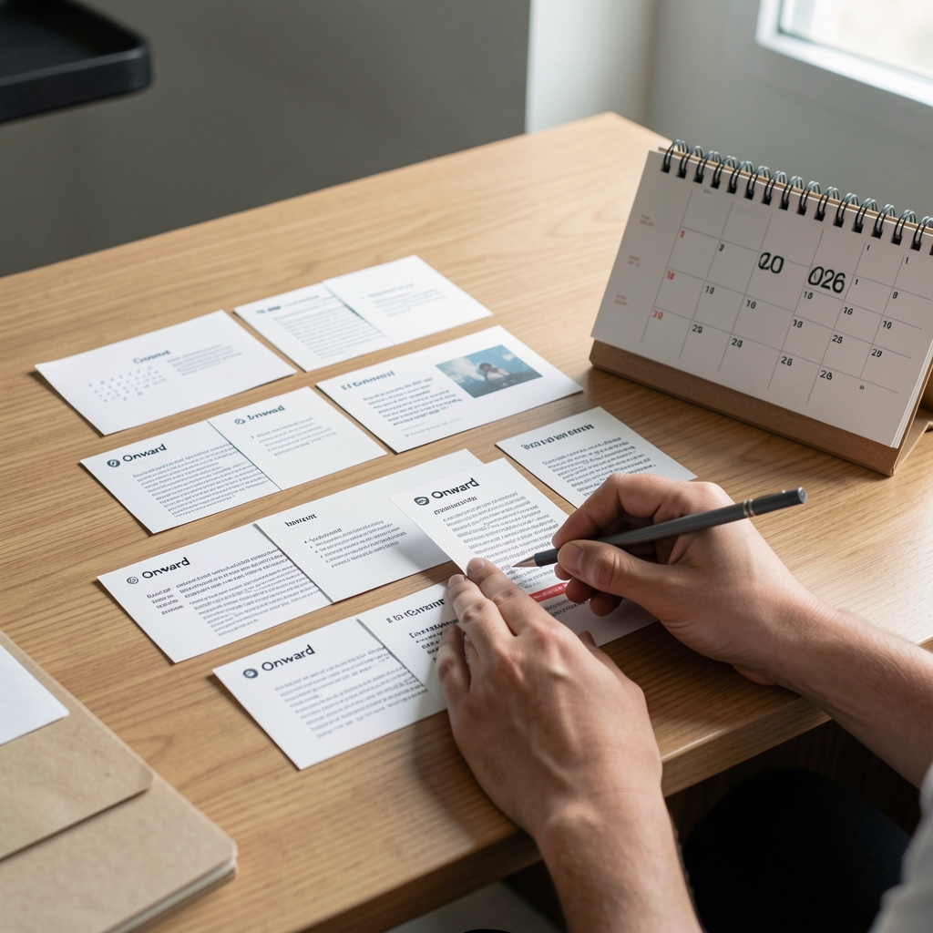 Editor arranging updated Onward article cards on a desk with a calendar marked 2026